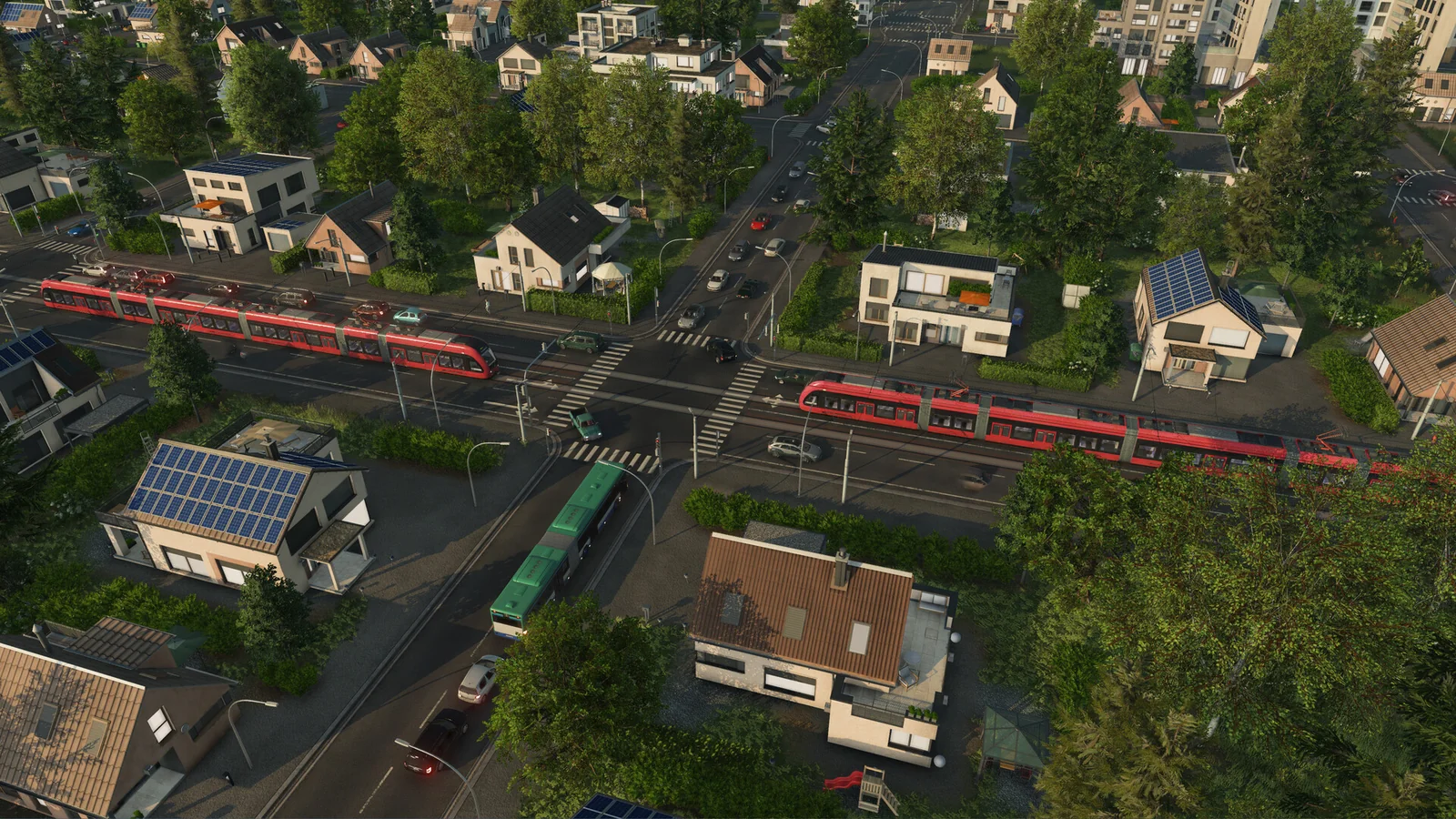 Red articulated trams running along an urban street in Transport Fever 3